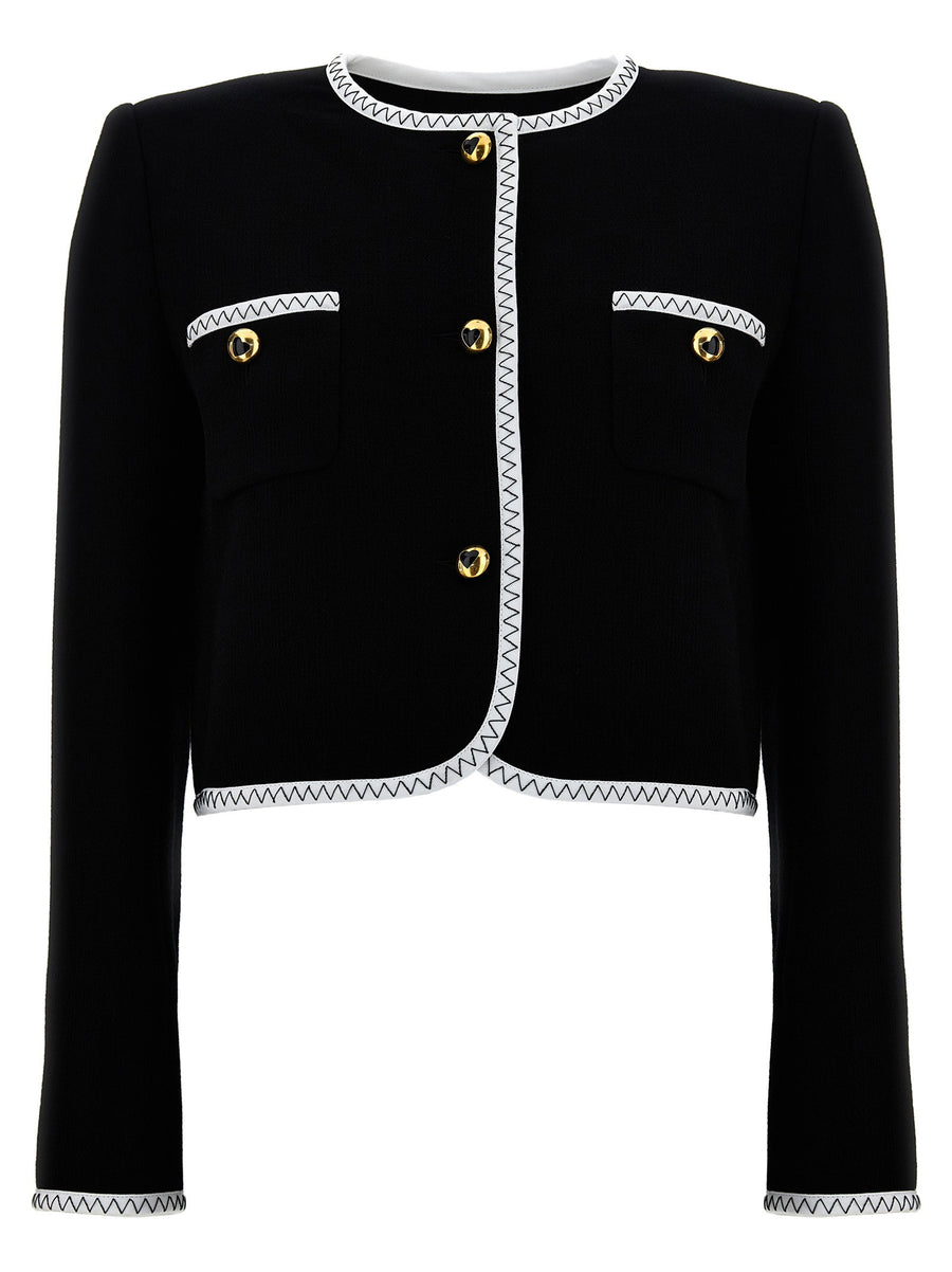 Moschino Crepe Short Jacket For Women Structured With Padded Shoulders White Black Grosgrain Trim