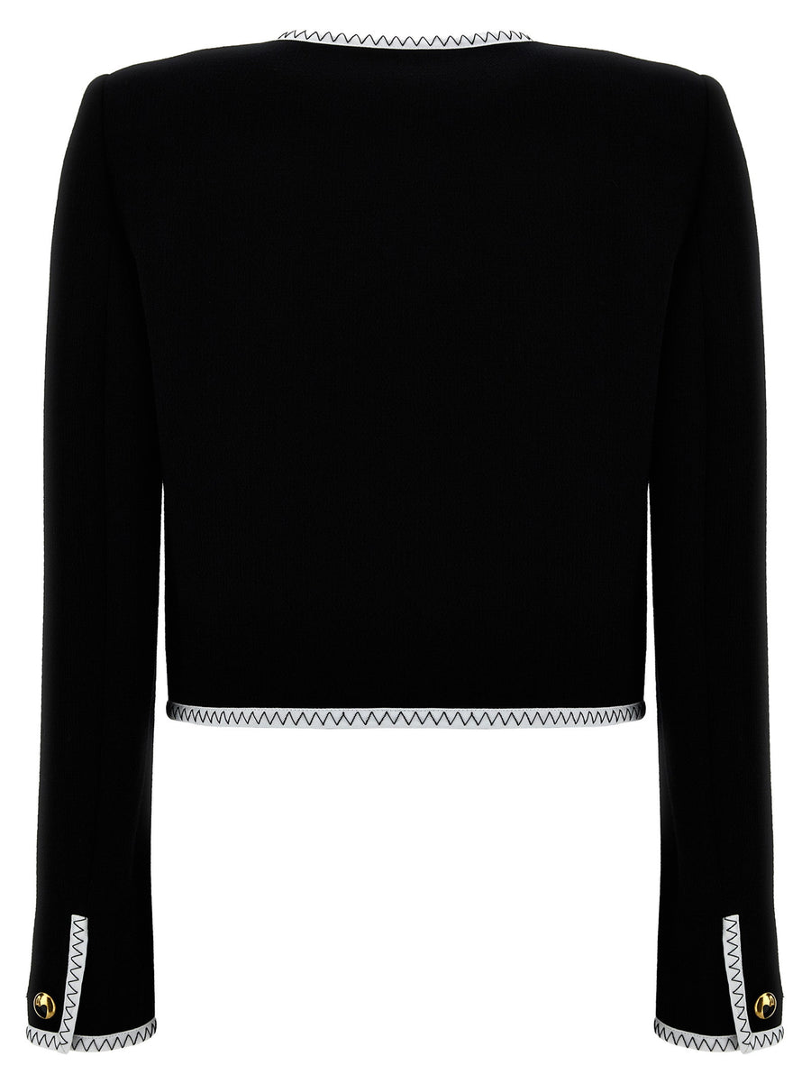 Moschino Crepe Short Jacket For Women Structured With Padded Shoulders White Black Grosgrain Trim