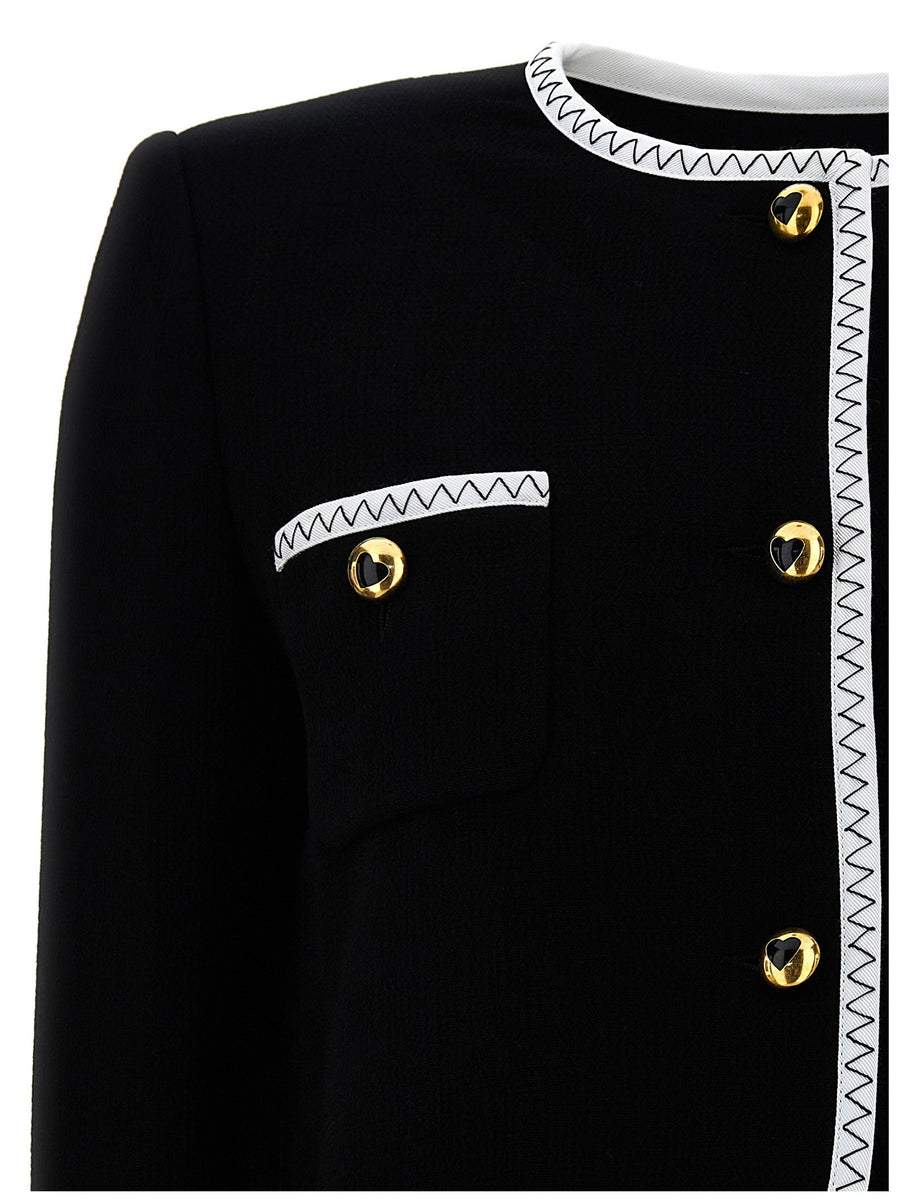 Moschino Crepe Short Jacket For Women Structured With Padded Shoulders White Black Grosgrain Trim