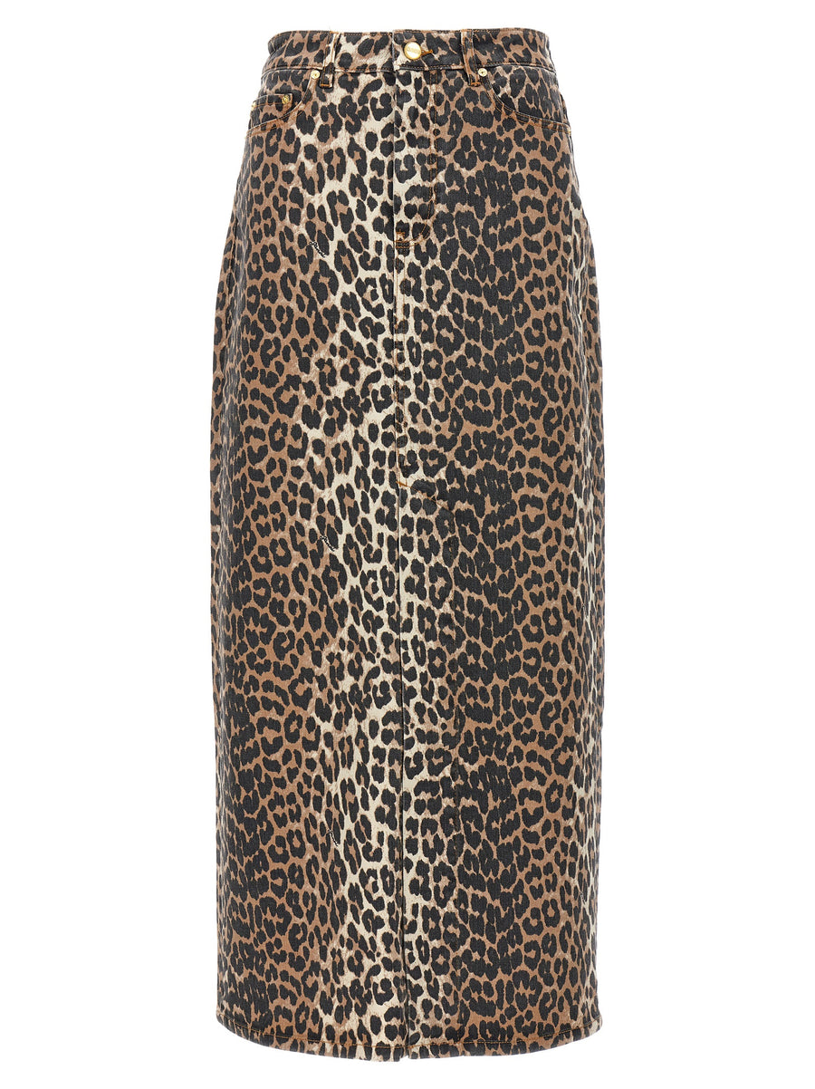 Ganni Leopard Print Long Skirt For Women Eco Friendly 99 Percent Organic Cotton Denim Versatile Everyday Wear