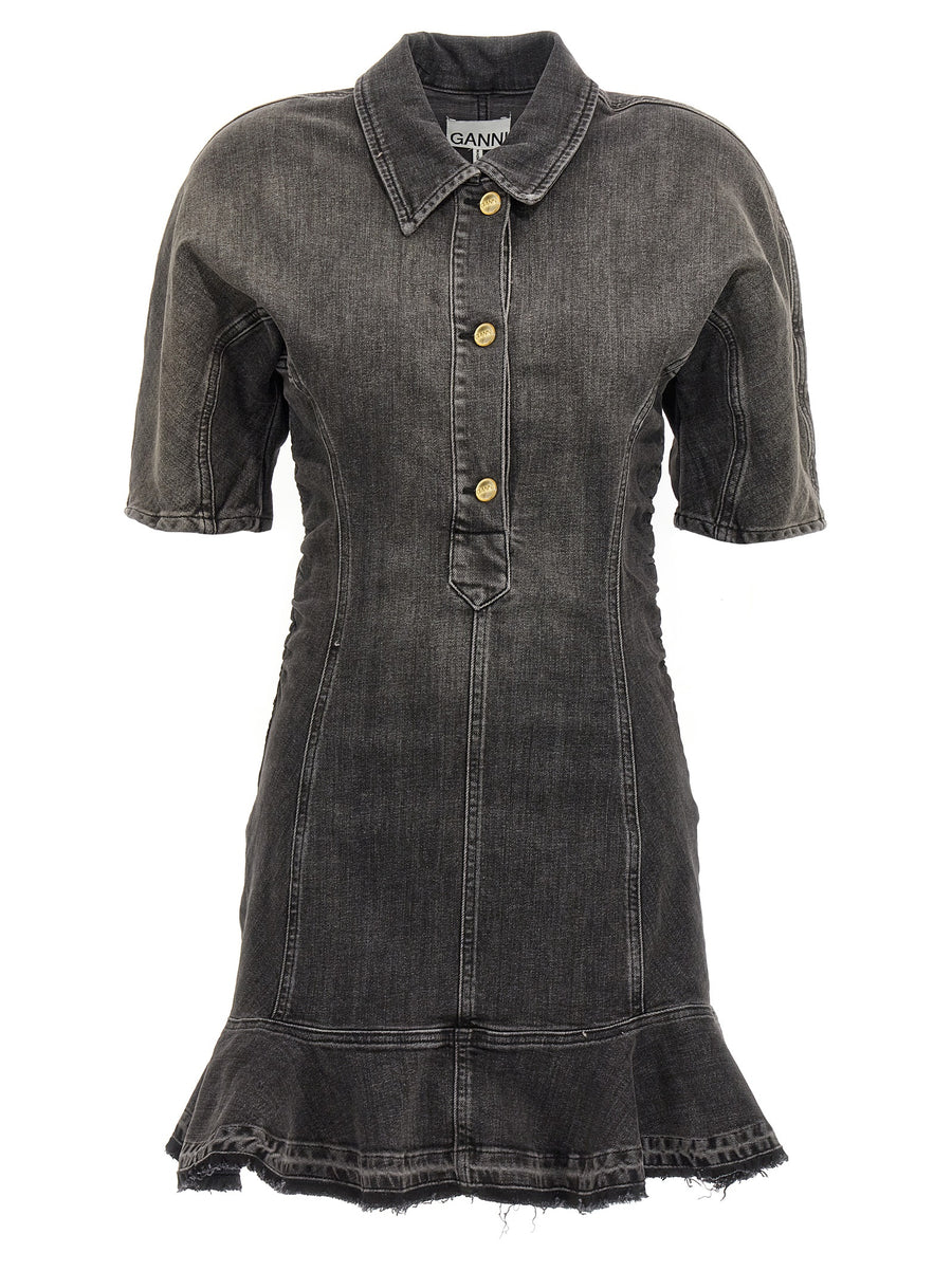 Ganni Tint Edge Dress Stretch Cotton Denim Defined Waist Frayed Hem Button Neckline Black For Women Chic Everyday Look