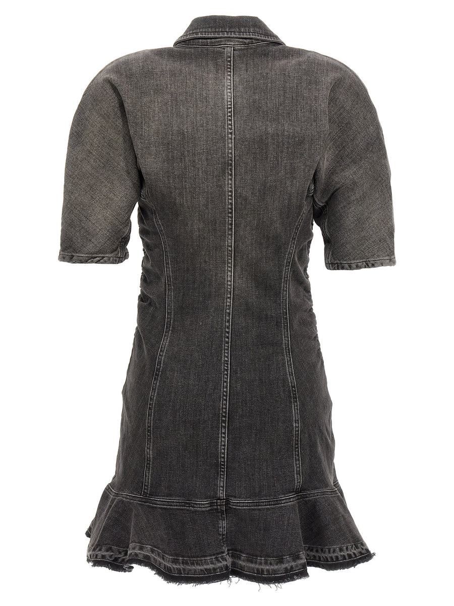 Ganni Tint Edge Dress Stretch Cotton Denim Defined Waist Frayed Hem Button Neckline Black For Women Chic Everyday Look