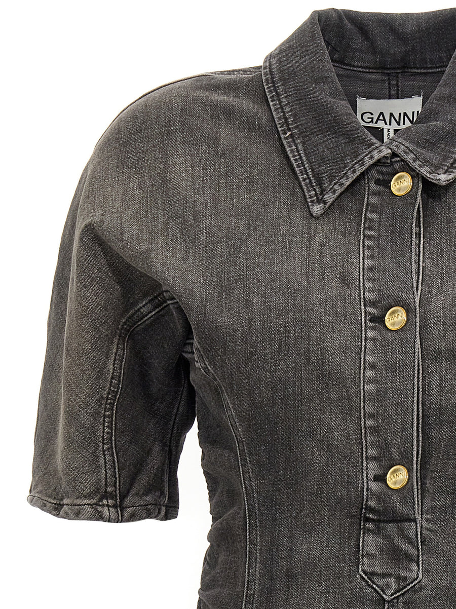 Ganni Tint Edge Dress Stretch Cotton Denim Defined Waist Frayed Hem Button Neckline Black For Women Chic Everyday Look