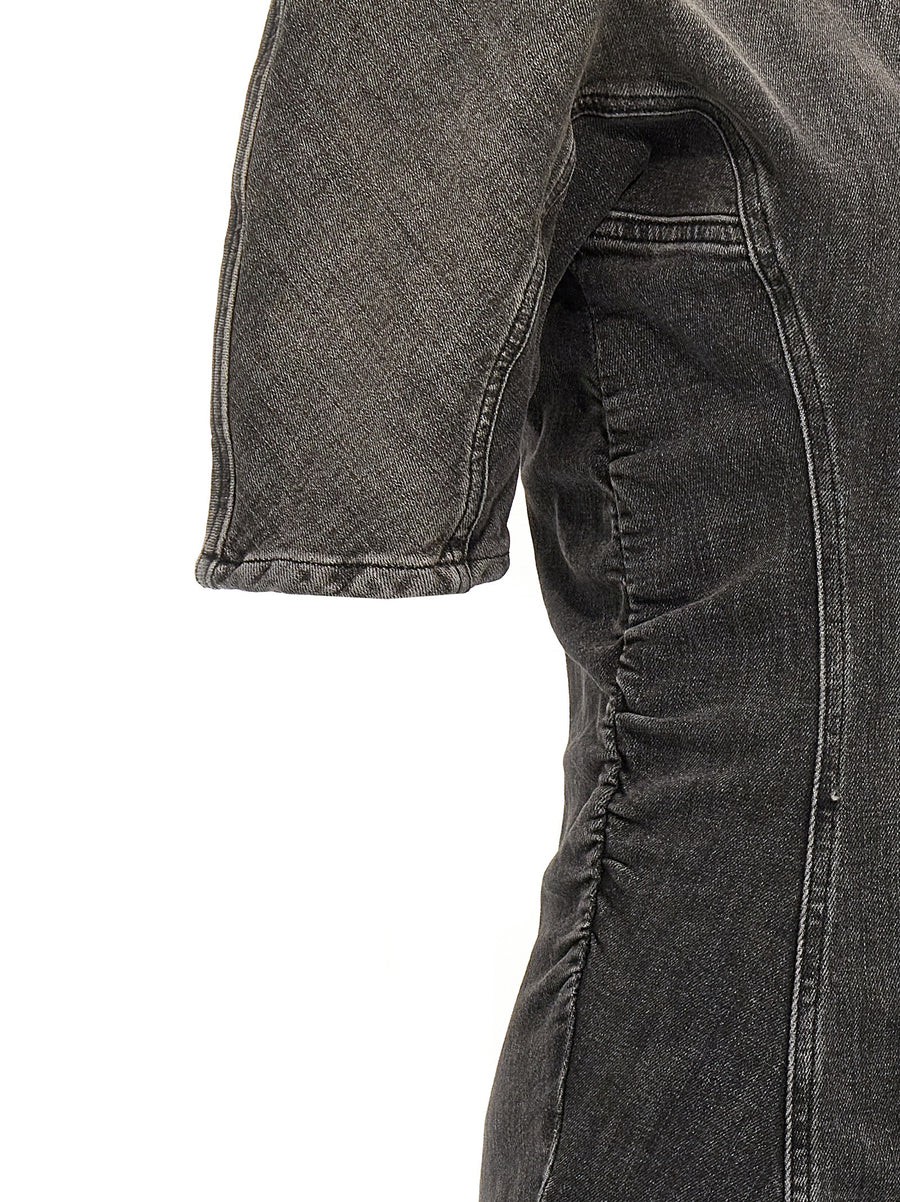 Ganni Tint Edge Dress Stretch Cotton Denim Defined Waist Frayed Hem Button Neckline Black For Women Chic Everyday Look
