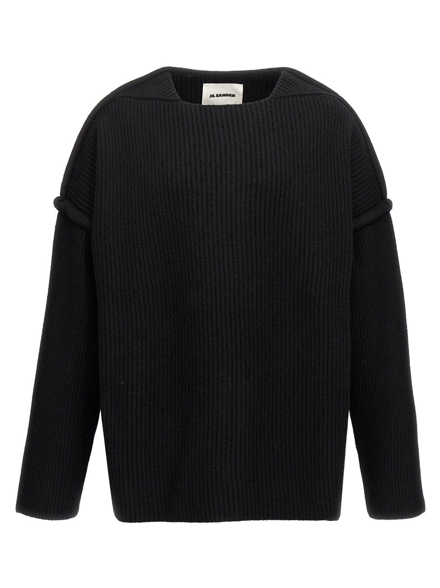 Jil Sander Geometric Neckline Wool Sweater For Men Premium Ribbed Knit Luxury Topwear
