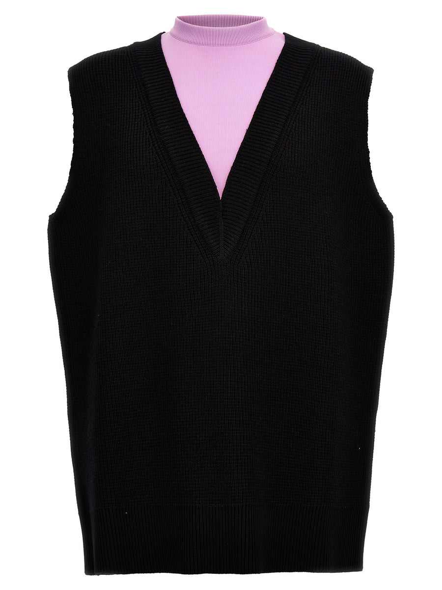 Jil Sander Knit Vest For Women Premium Wool Blend Vneck With Contrast Fleece Insert Oversized