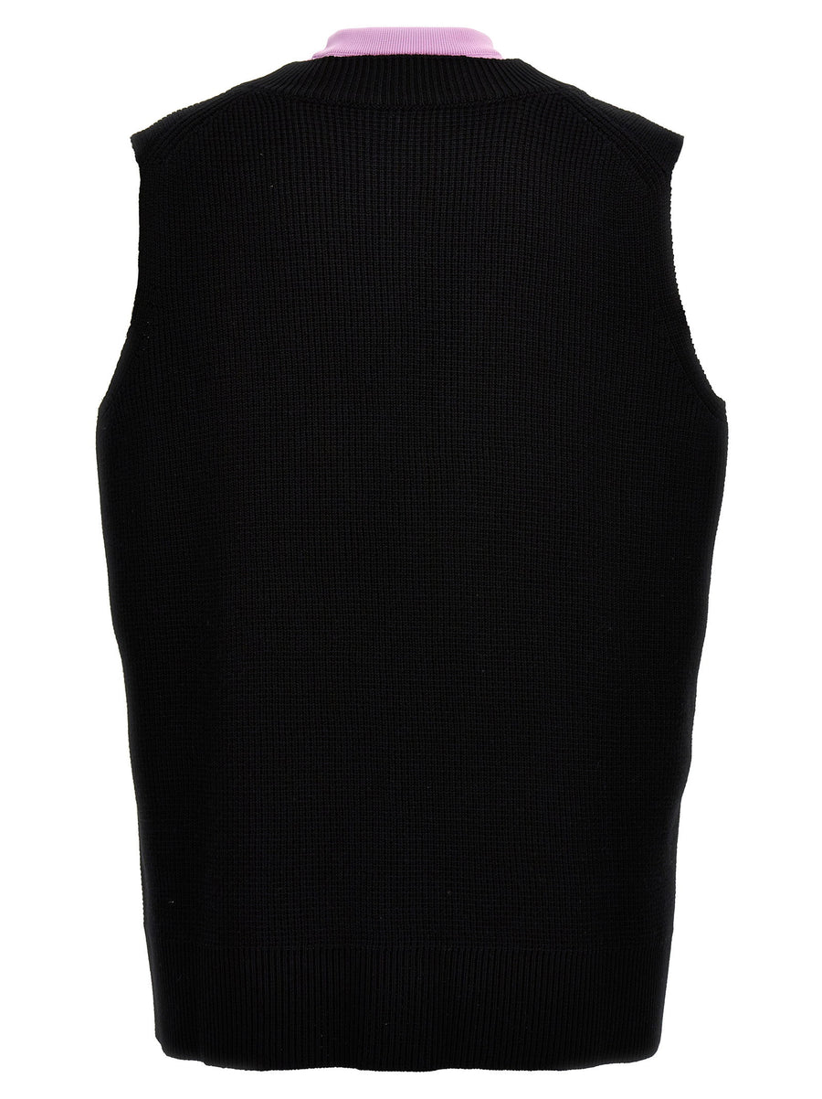 Jil Sander Knit Vest For Women Premium Wool Blend Vneck With Contrast Fleece Insert Oversized
