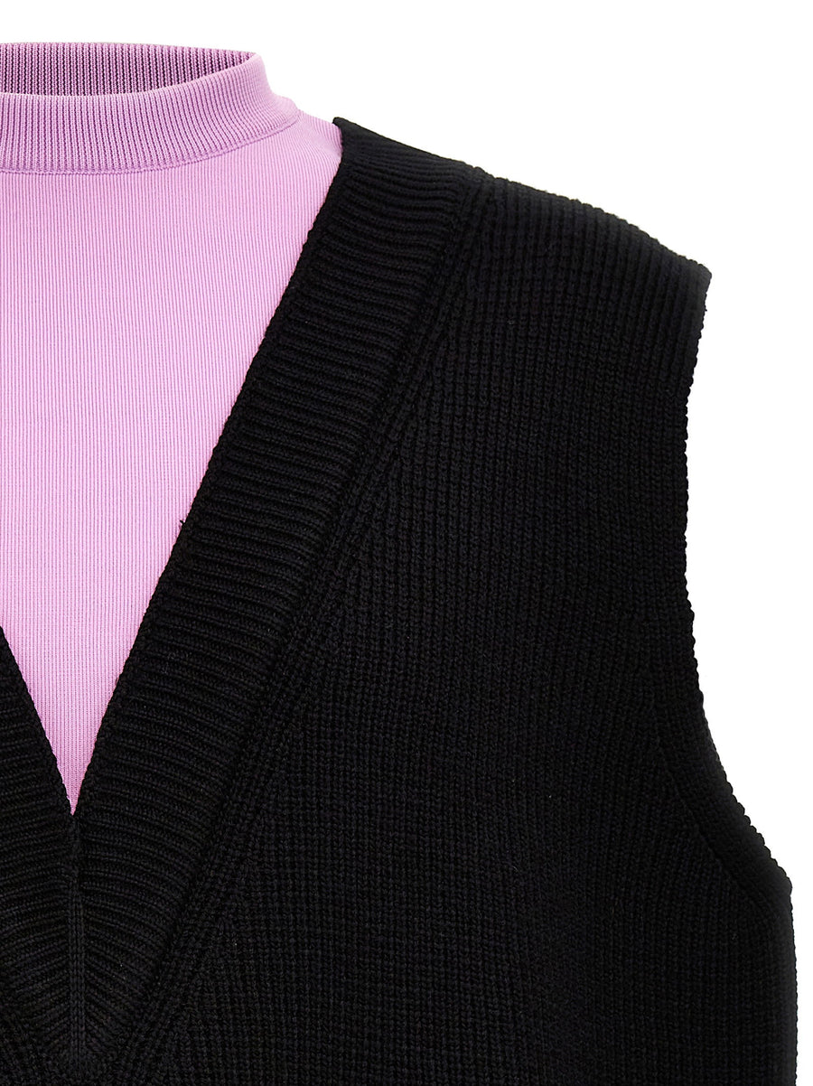 Jil Sander Knit Vest For Women Premium Wool Blend Vneck With Contrast Fleece Insert Oversized