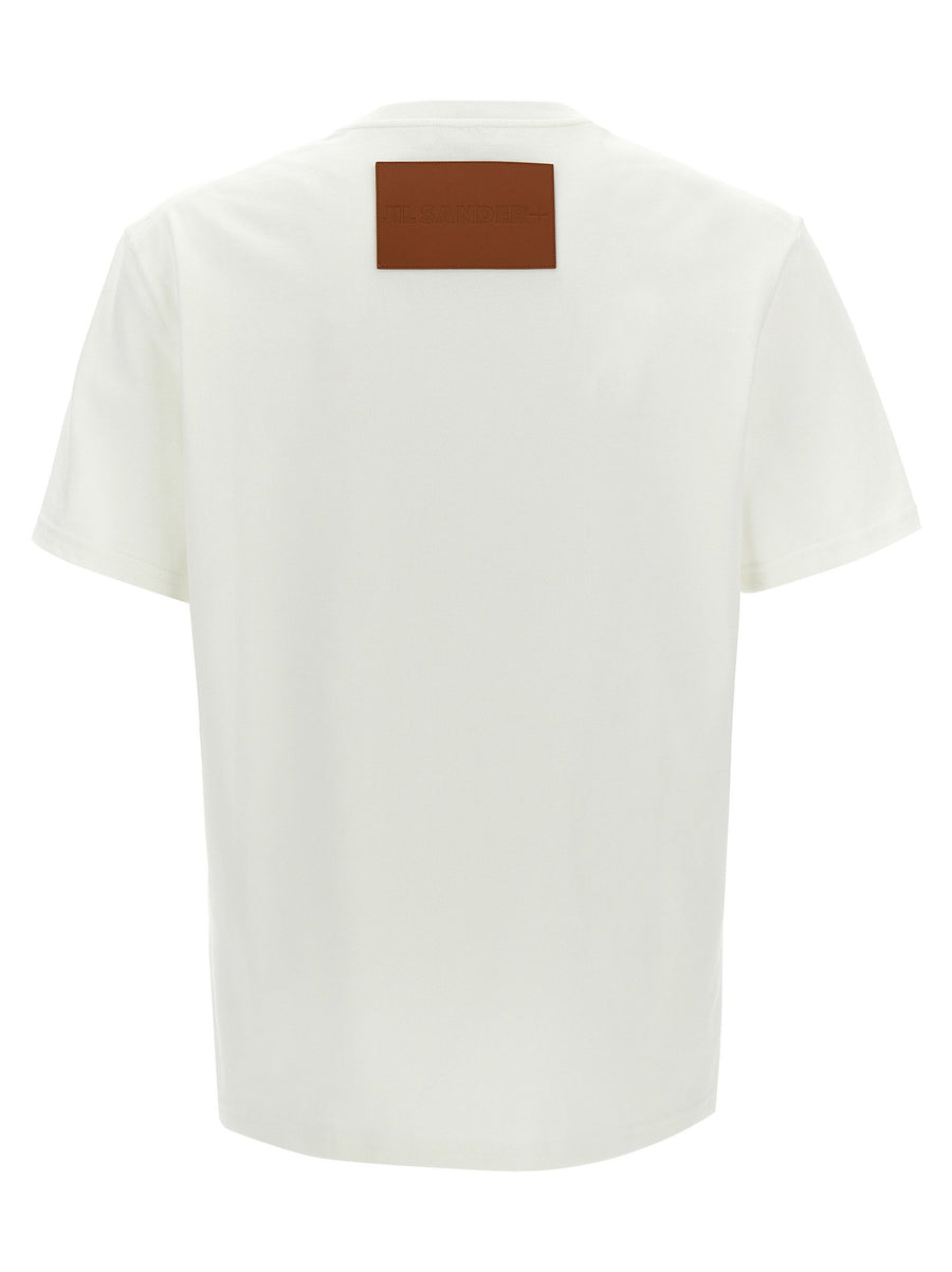 Jil Sander Logo Patch T Shirt For Men Minimalist White 100 Percent Cotton Leather Back Patch