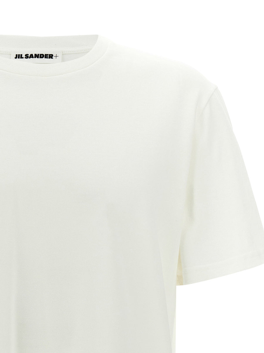 Jil Sander Logo Patch T Shirt For Men Minimalist White 100 Percent Cotton Leather Back Patch