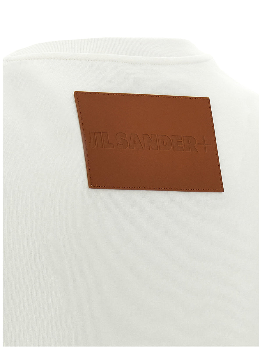 Jil Sander Logo Patch T Shirt For Men Minimalist White 100 Percent Cotton Leather Back Patch