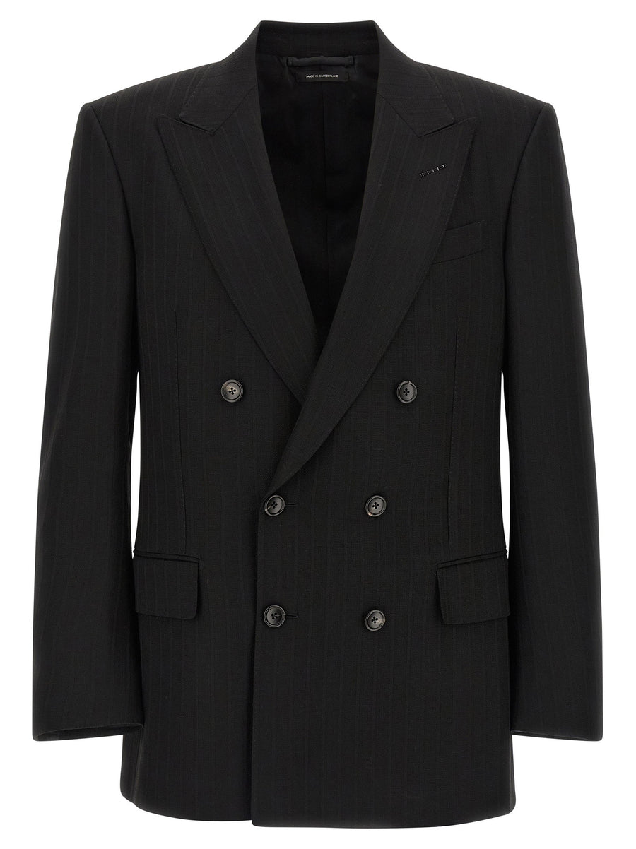 Tom Ford Satin Striped Wool Blazer For Women Micro Check Luxury Tailoring Double Breasted Peak Lapels