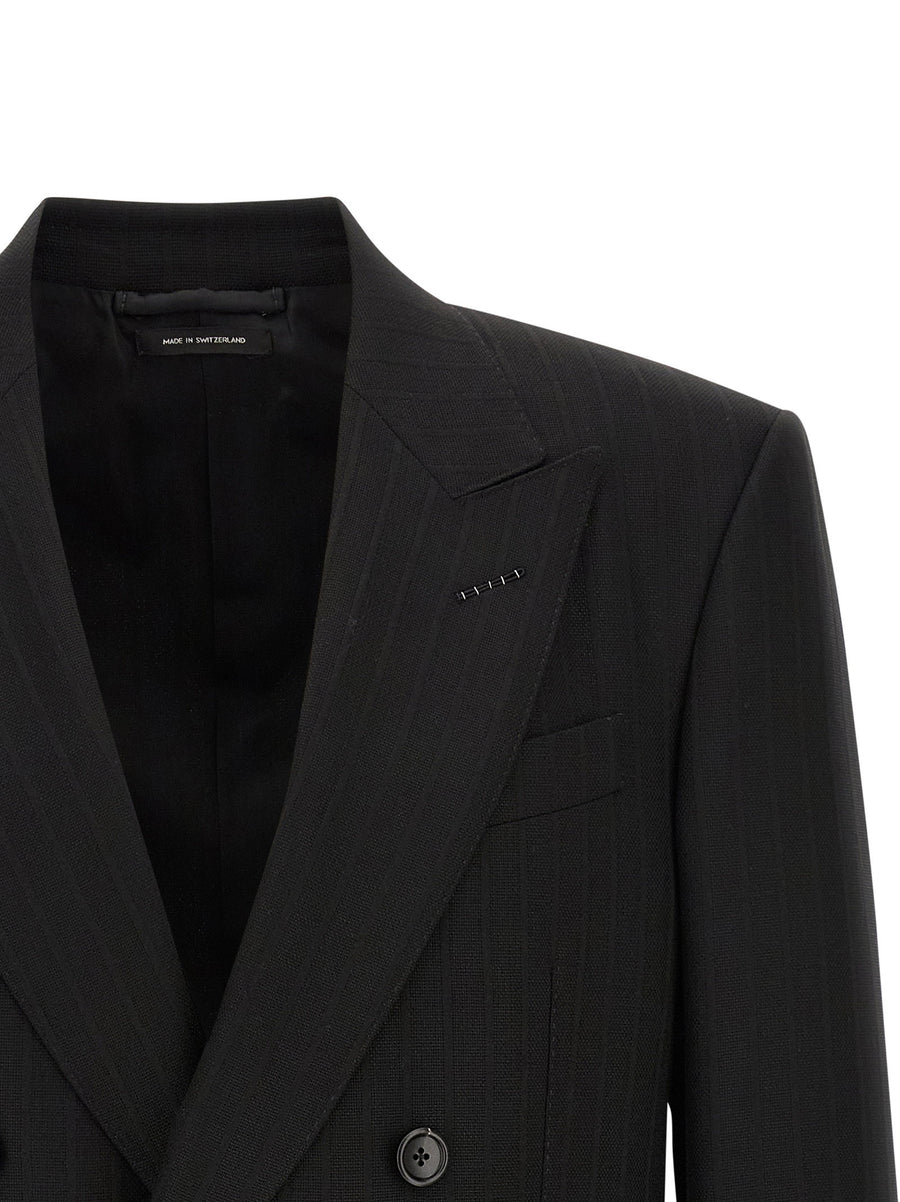 Tom Ford Satin Striped Wool Blazer For Women Micro Check Luxury Tailoring Double Breasted Peak Lapels
