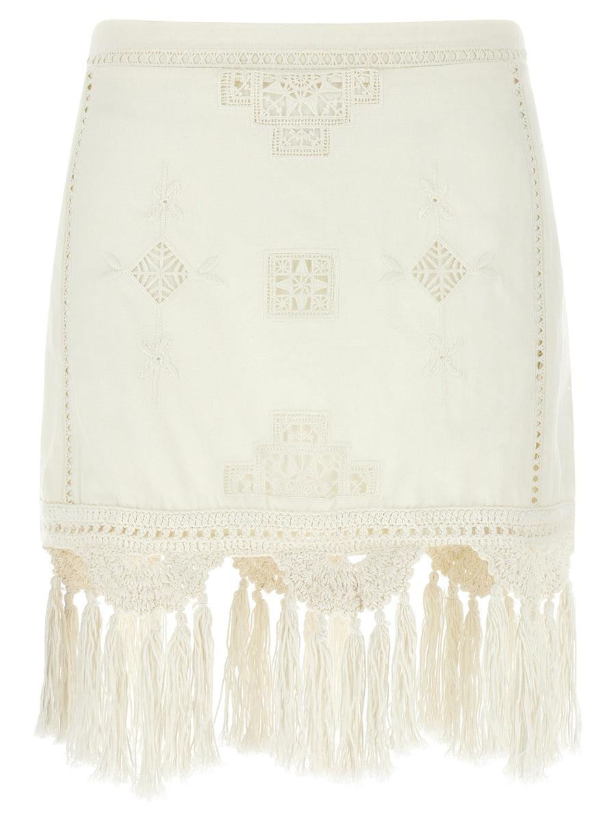 Isabel Marant Sandra Mini Skirt White Cotton With Sangallo Macrame Hem Tassels For Women