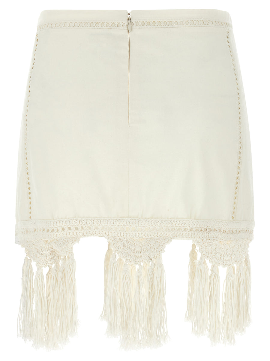 Isabel Marant Sandra Mini Skirt White Cotton With Sangallo Macrame Hem Tassels For Women