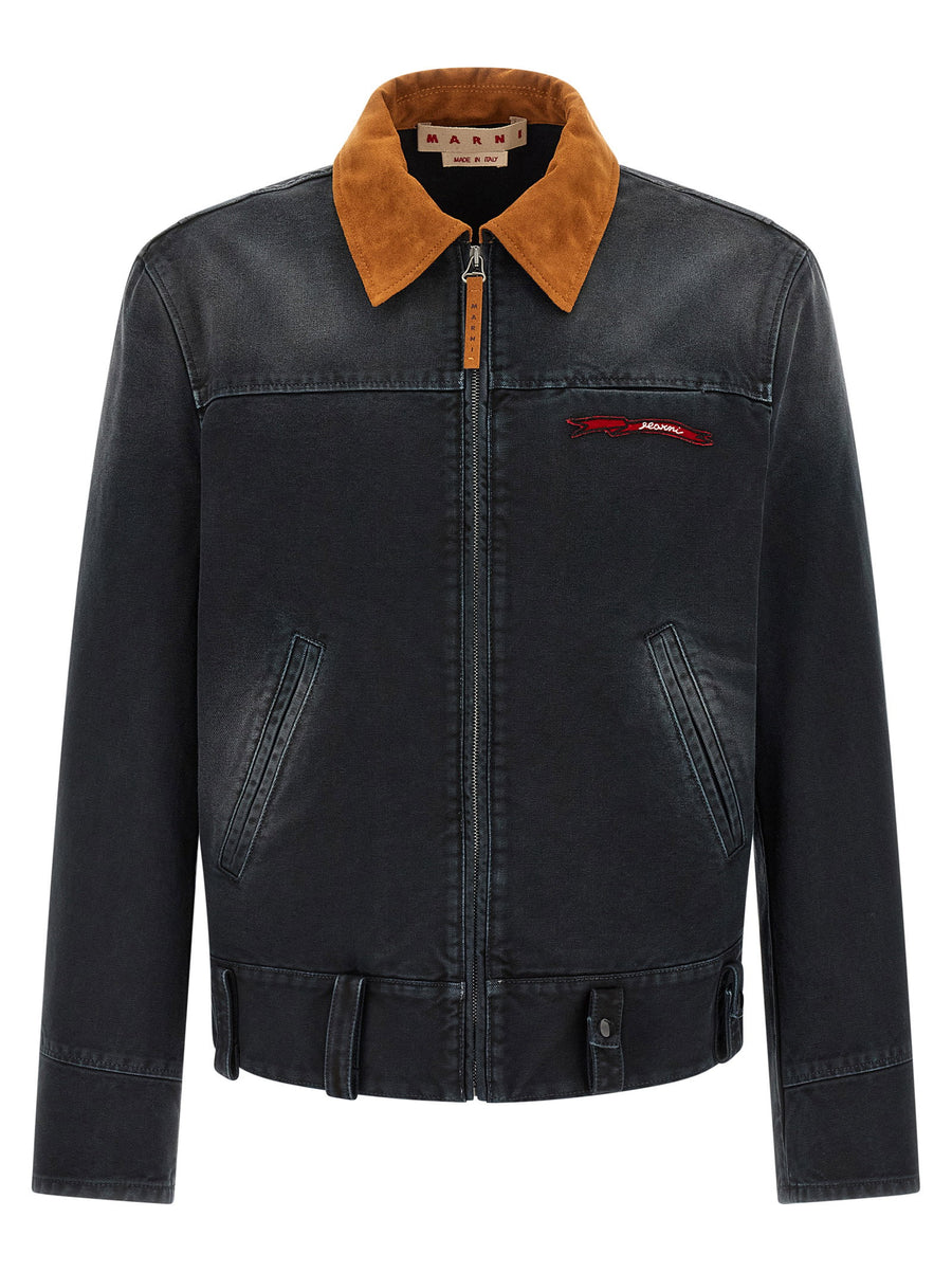 Marni Canvas Jacket Durable Cotton Workwear For Men Garment Dyed With Suede Collar