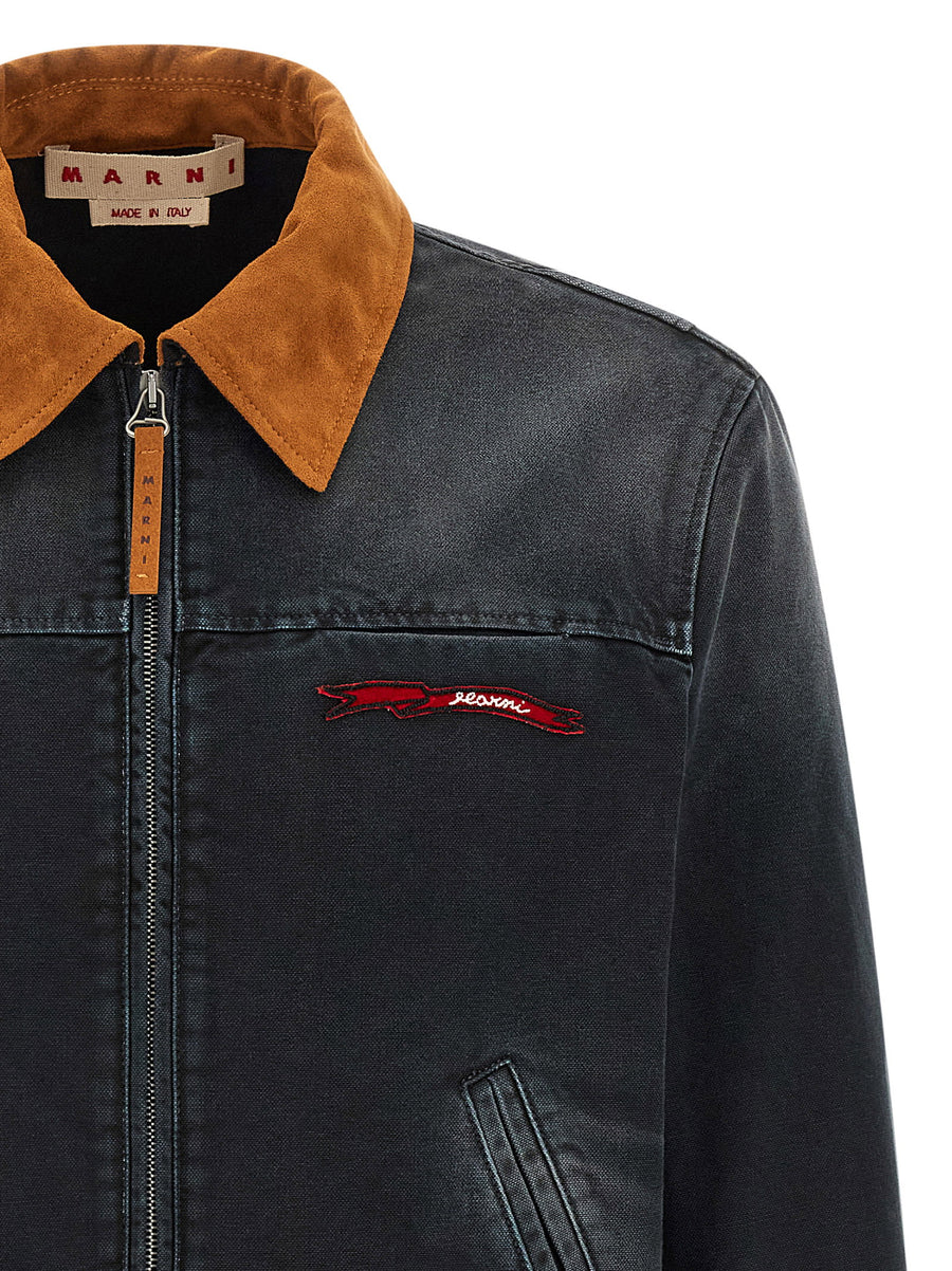 Marni Canvas Jacket Durable Cotton Workwear For Men Garment Dyed With Suede Collar