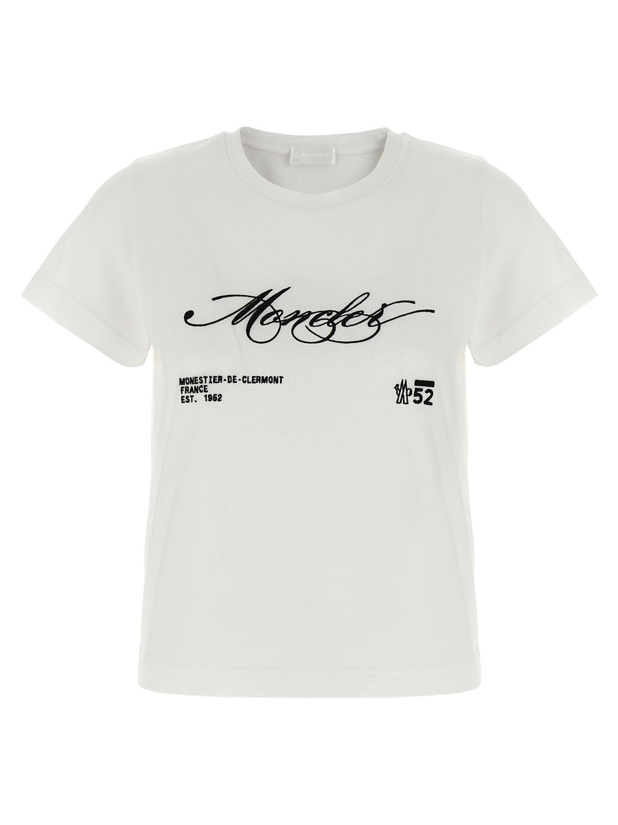 Moncler White Cotton Embroidery T Shirt Crew Neck Short Sleeve Women