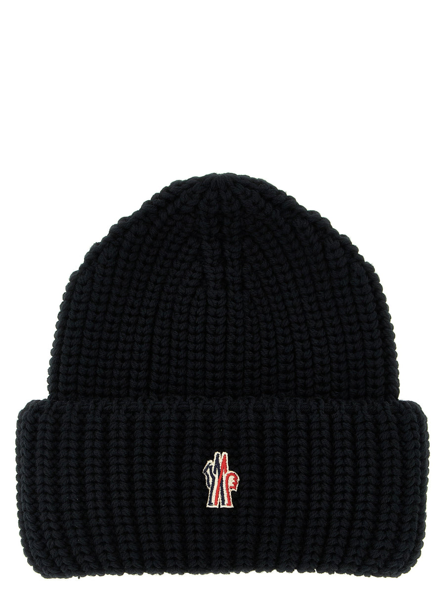 Moncler Grenoble Mens Logo Patch Beanie Virgin Wool Premium Ribbed Knit Warm Winter Hat