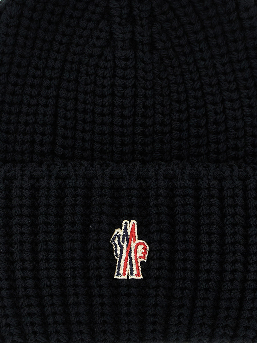 Moncler Grenoble Mens Logo Patch Beanie Virgin Wool Premium Ribbed Knit Warm Winter Hat
