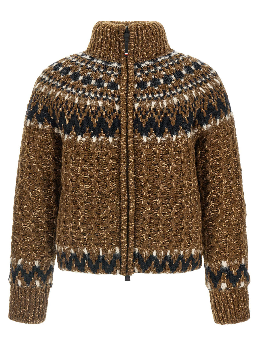 Moncler Grenoble Indren Down Jacket For Men Luxury Wool Blend Knit Goose Down Warmth Brown Geometric Jacquard