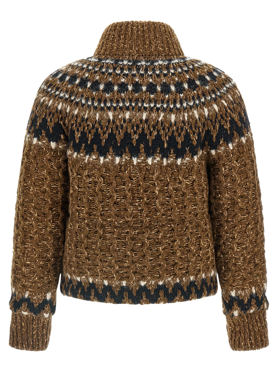 Moncler Grenoble Indren Down Jacket For Men Luxury Wool Blend Knit Goose Down Warmth Brown Geometric Jacquard