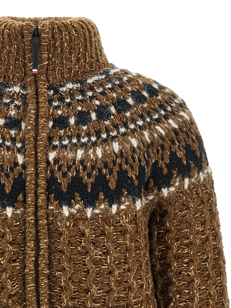 Moncler Grenoble Indren Down Jacket For Men Luxury Wool Blend Knit Goose Down Warmth Brown Geometric Jacquard