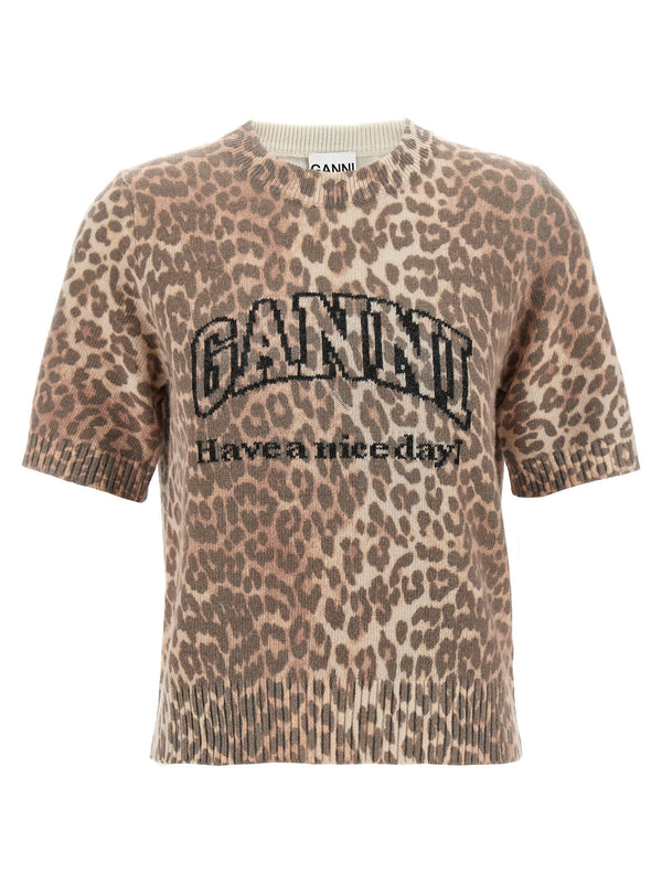 Ganni Brown Leopard Wool Mix T Shirt With Front Jacquard Logo For Women