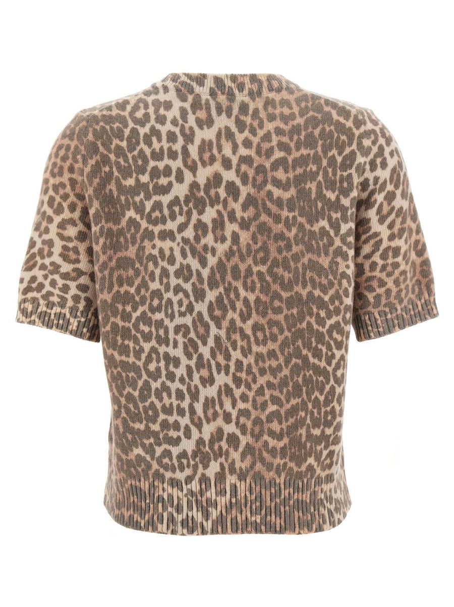 Ganni Brown Leopard Wool Mix T Shirt With Front Jacquard Logo For Women