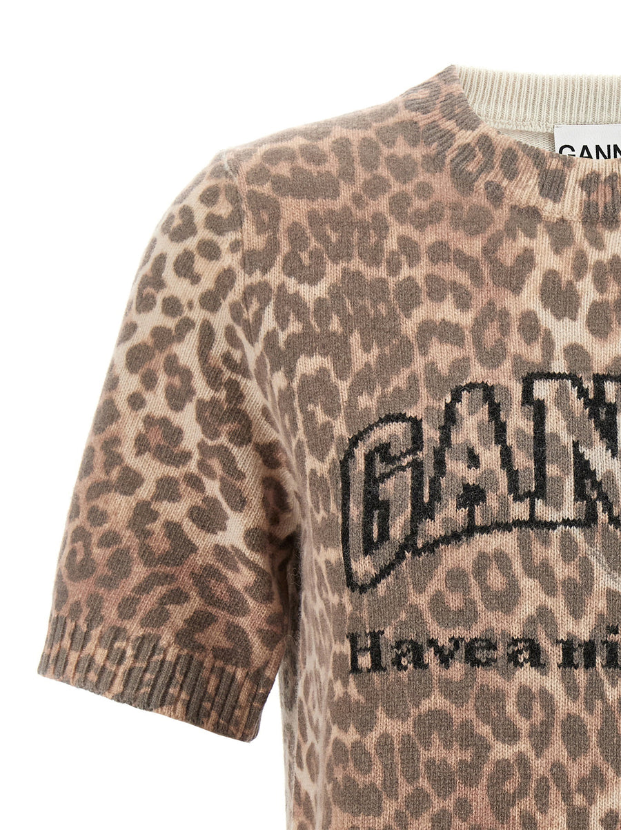 Ganni Brown Leopard Wool Mix T Shirt With Front Jacquard Logo For Women