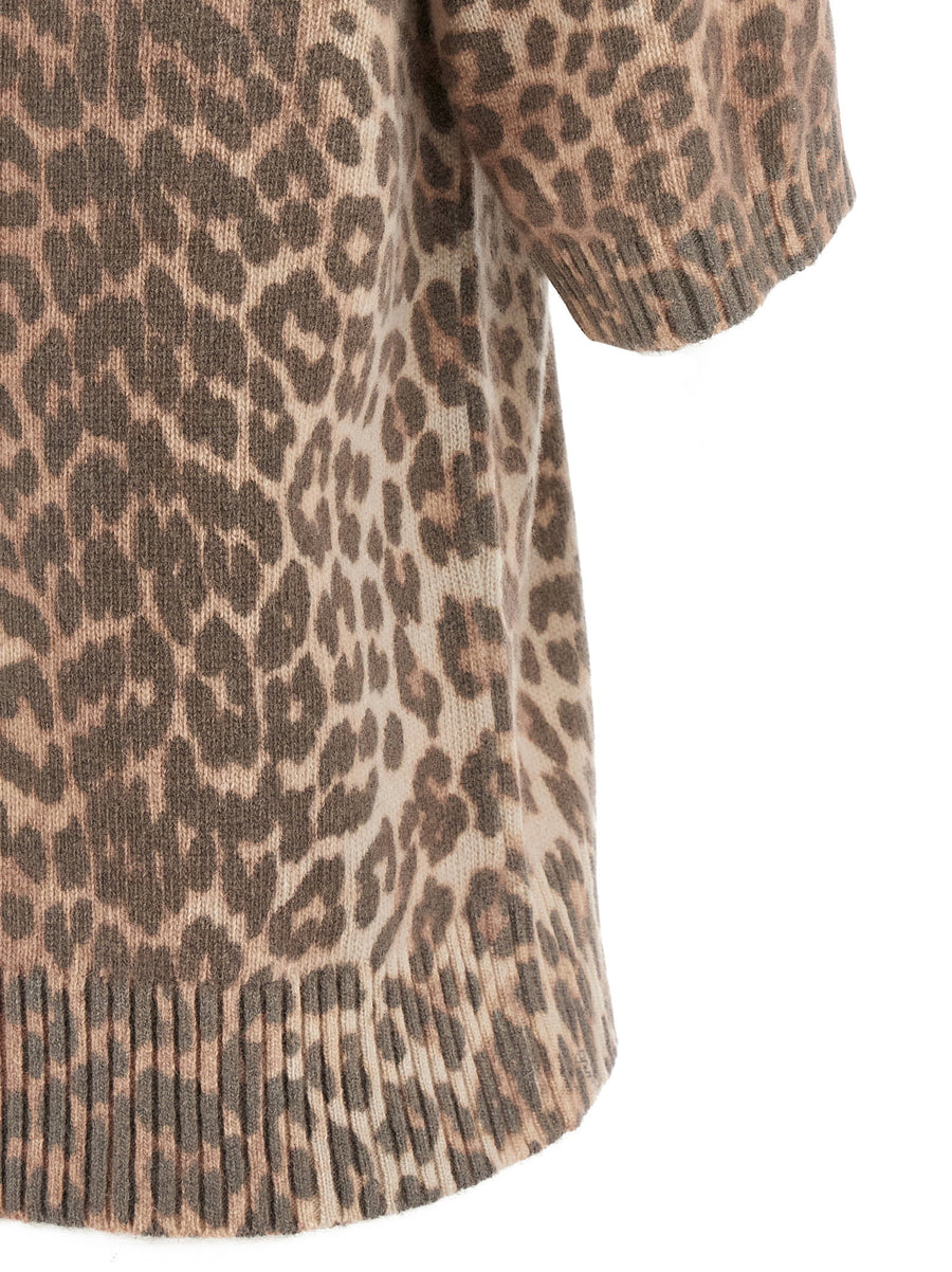 Ganni Brown Leopard Wool Mix T Shirt With Front Jacquard Logo For Women