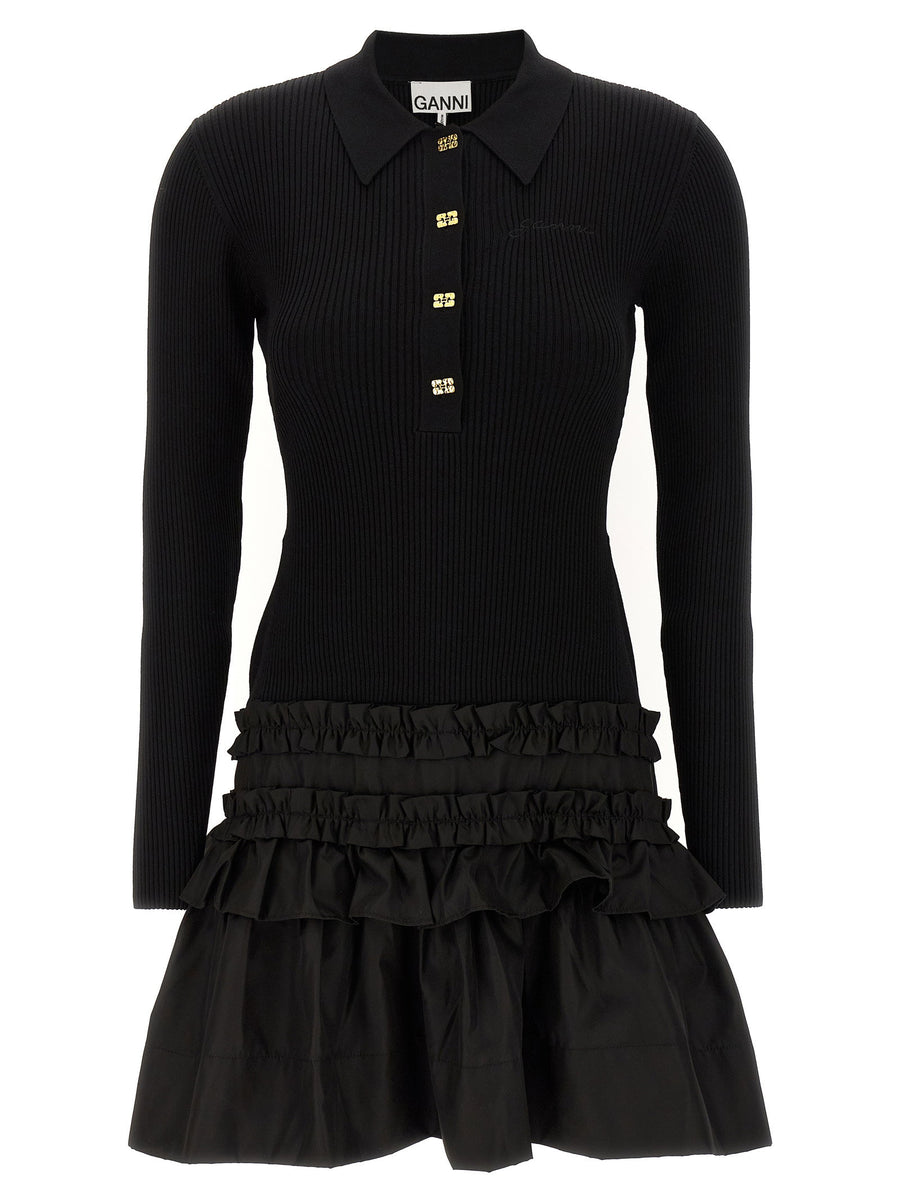Ganni Melange Rib Knit Mini Dress For Women Polished Polo Inspired Day To Night Black Chic