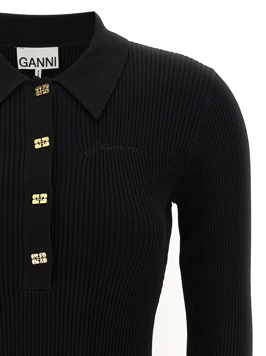 Ganni Melange Rib Knit Mini Dress For Women Polished Polo Inspired Day To Night Black Chic