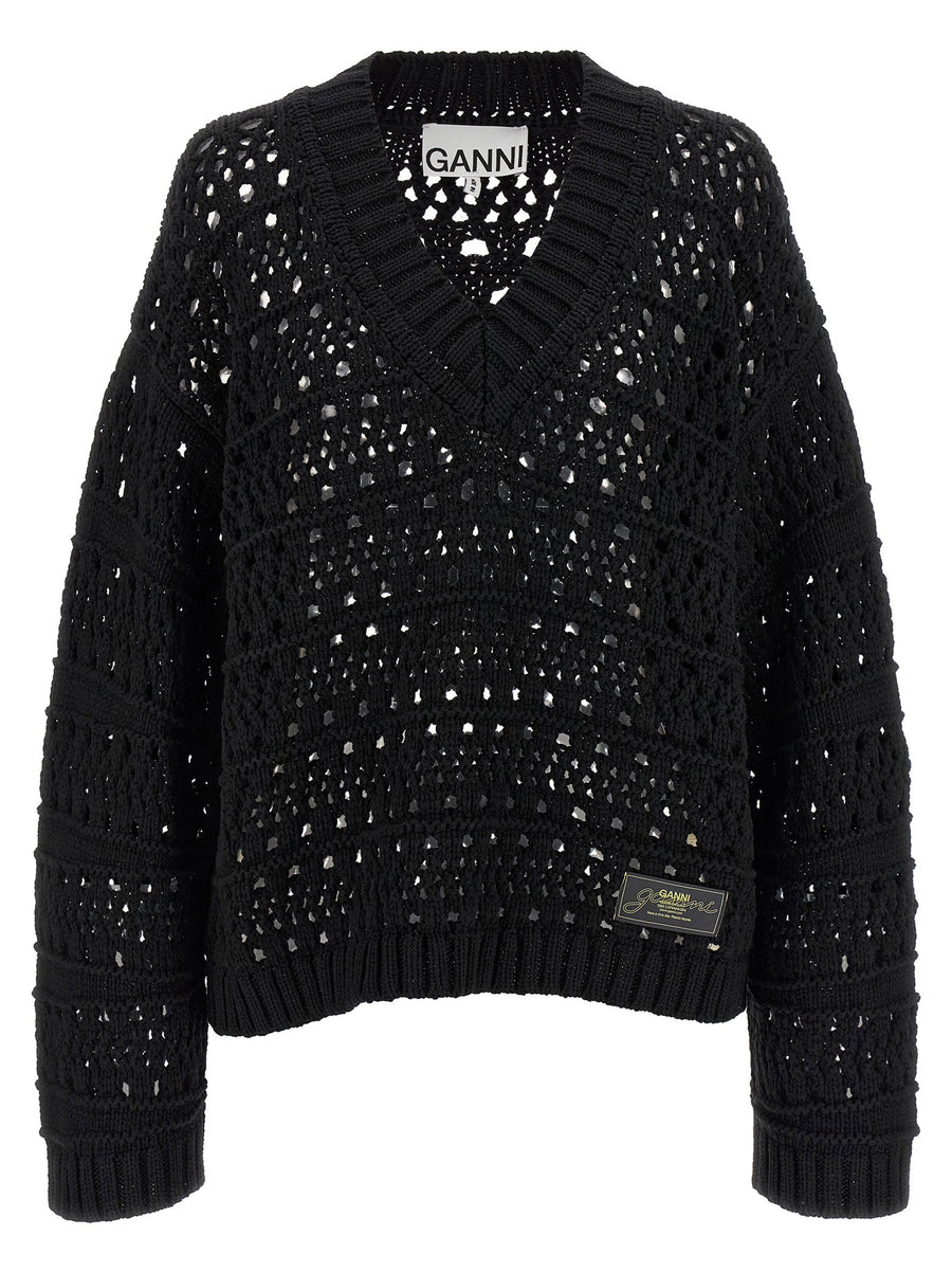 Ganni Black Crochet V Neck Sweater Cotton Polyester Blend Recycled Materials