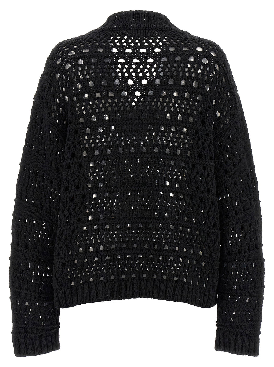 Ganni Black Crochet V Neck Sweater Cotton Polyester Blend Recycled Materials