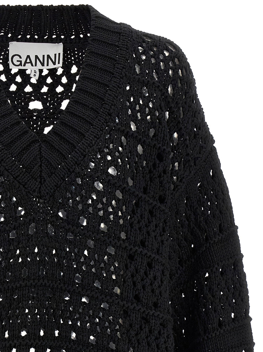 Ganni Black Crochet V Neck Sweater Cotton Polyester Blend Recycled Materials