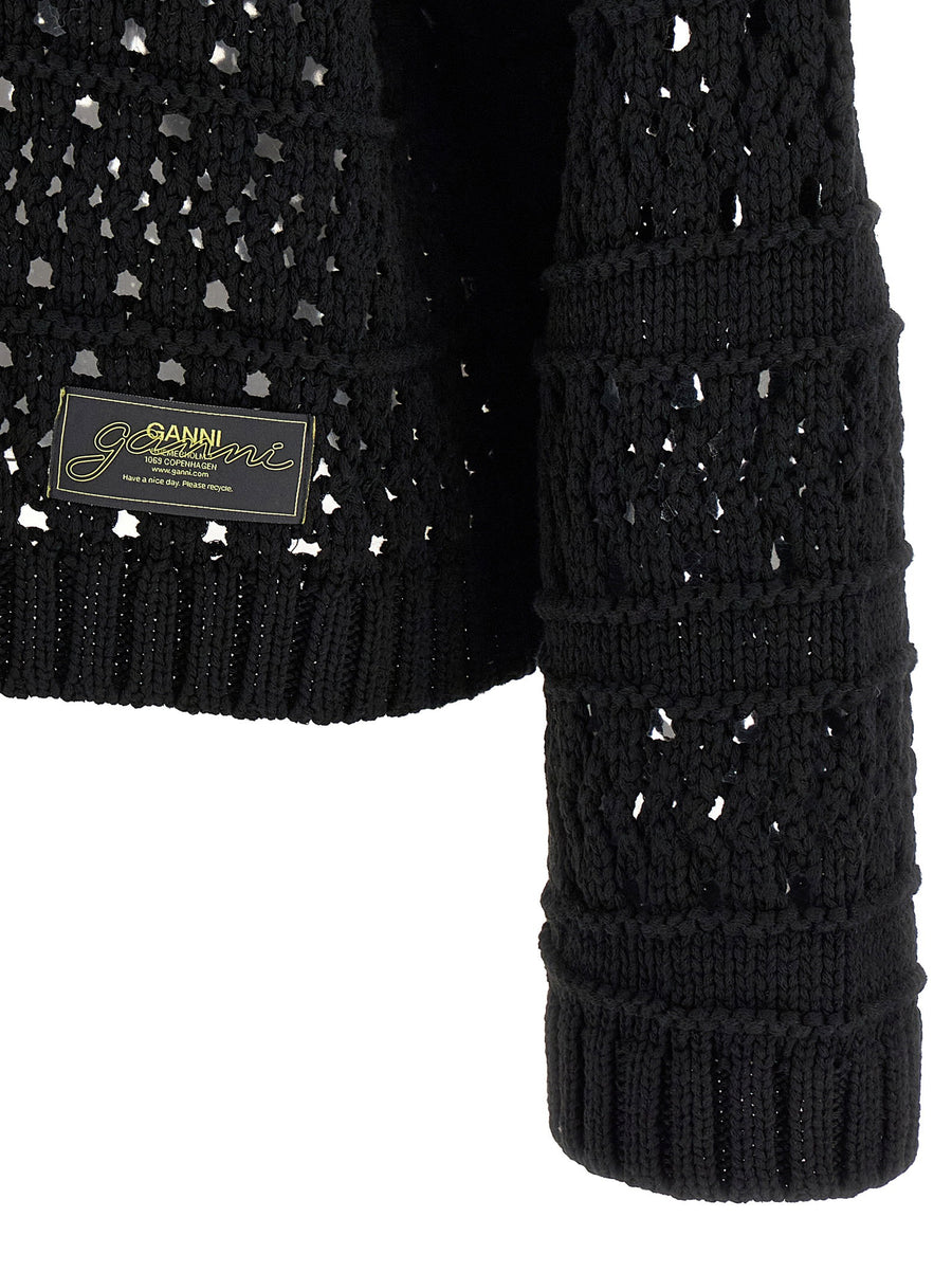 Ganni Black Crochet V Neck Sweater Cotton Polyester Blend Recycled Materials