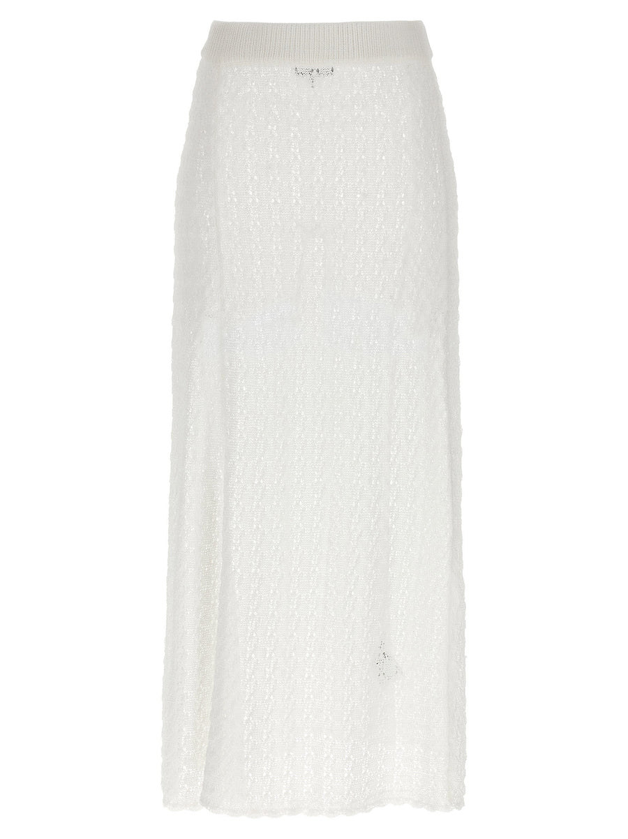Ganni White Shiny Pointelle Knit Skirt Elastic Waistband Flared