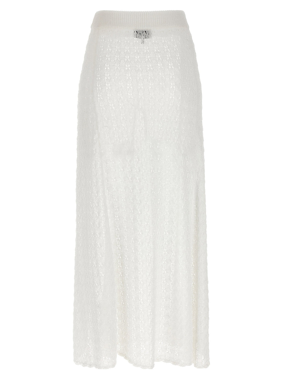 Ganni White Shiny Pointelle Knit Skirt Elastic Waistband Flared