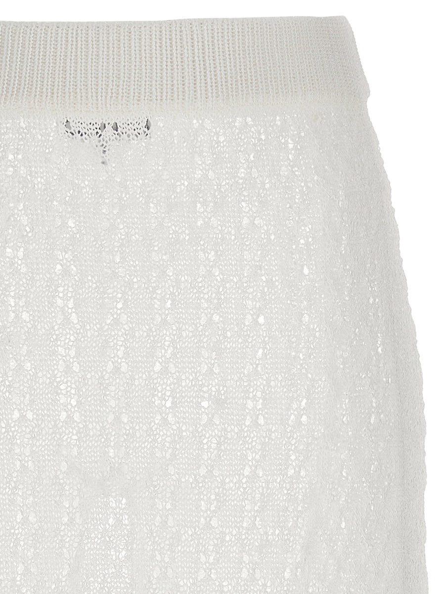 Ganni White Shiny Pointelle Knit Skirt Elastic Waistband Flared