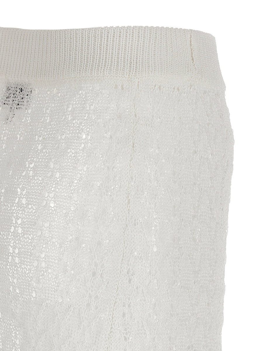 Ganni White Shiny Pointelle Knit Skirt Elastic Waistband Flared