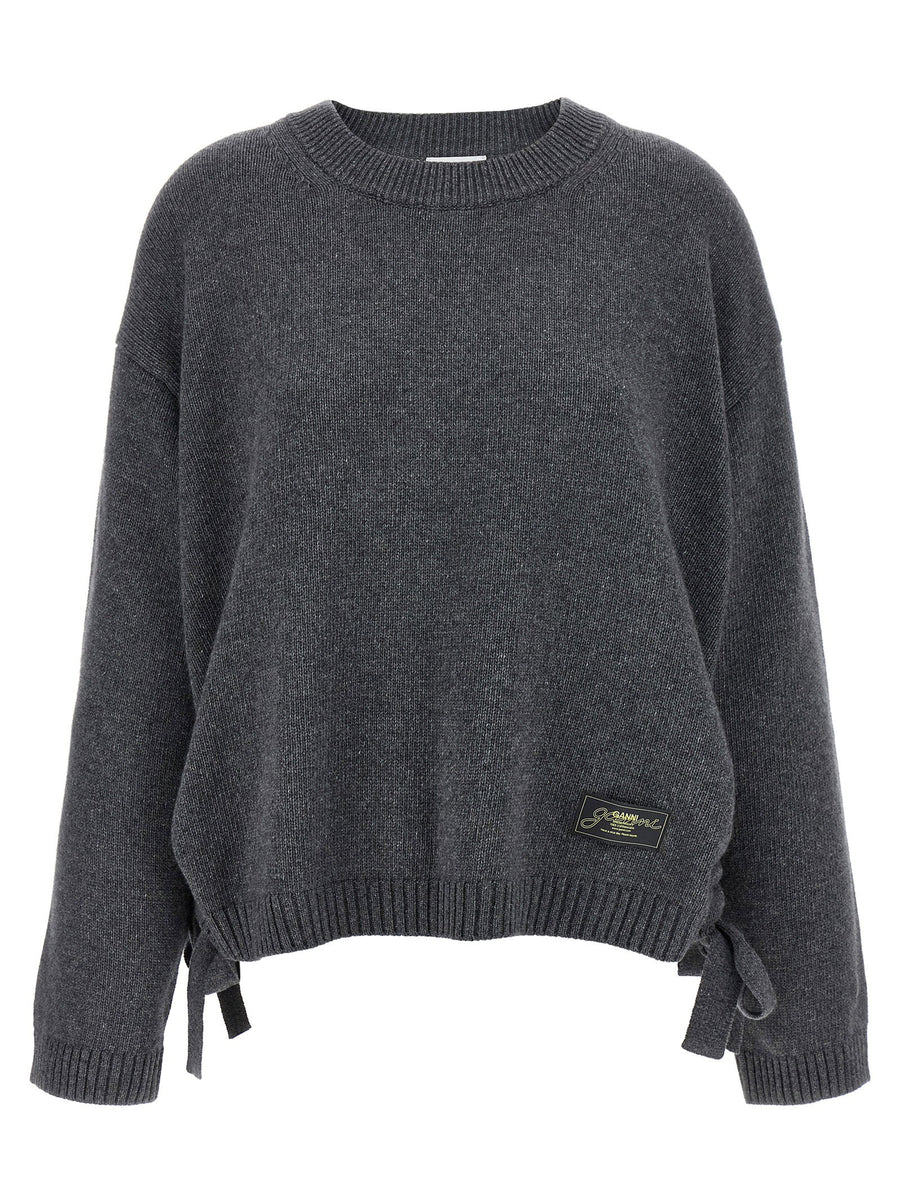 Ganni Side Laces Sweater For Women Gray Wool Blend Layering Essential With Adjustable Side Laces
