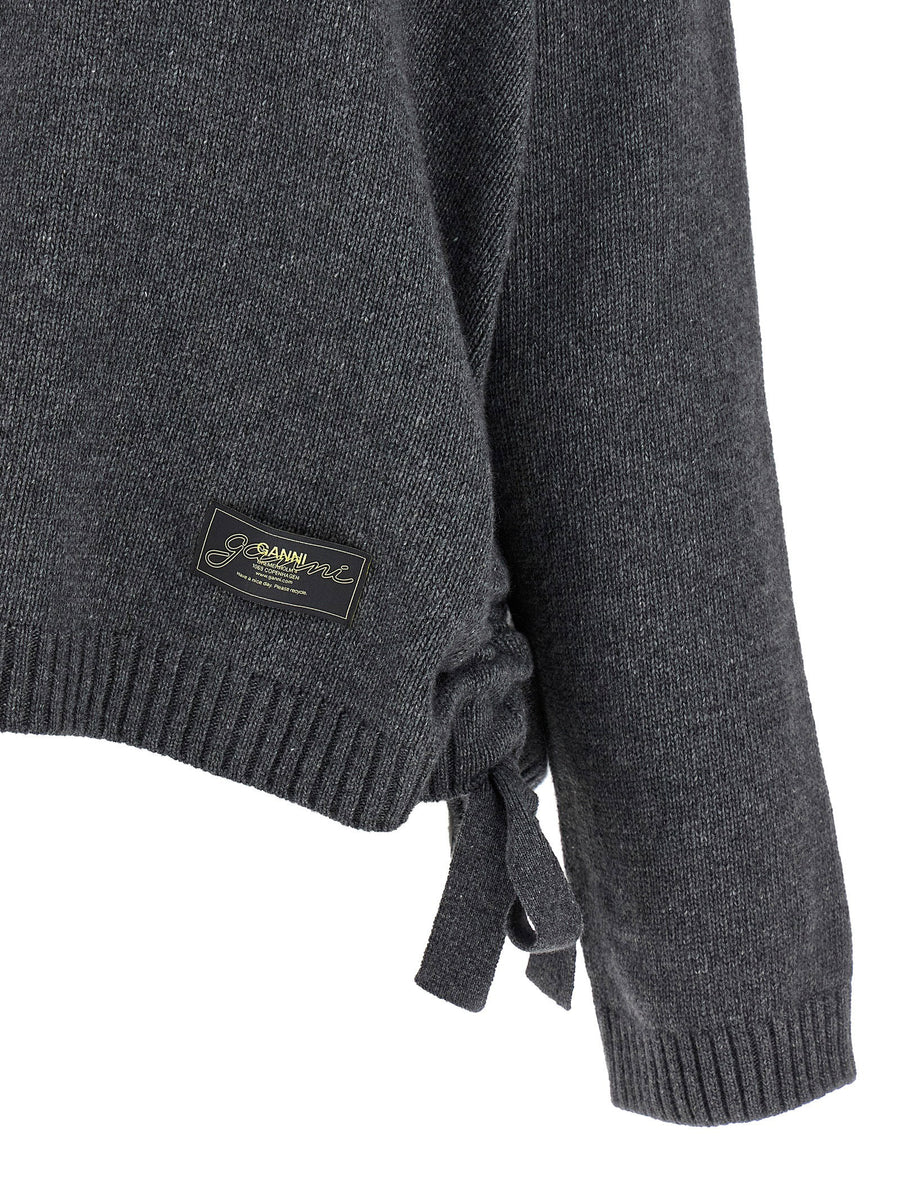 Ganni Side Laces Sweater For Women Gray Wool Blend Layering Essential With Adjustable Side Laces