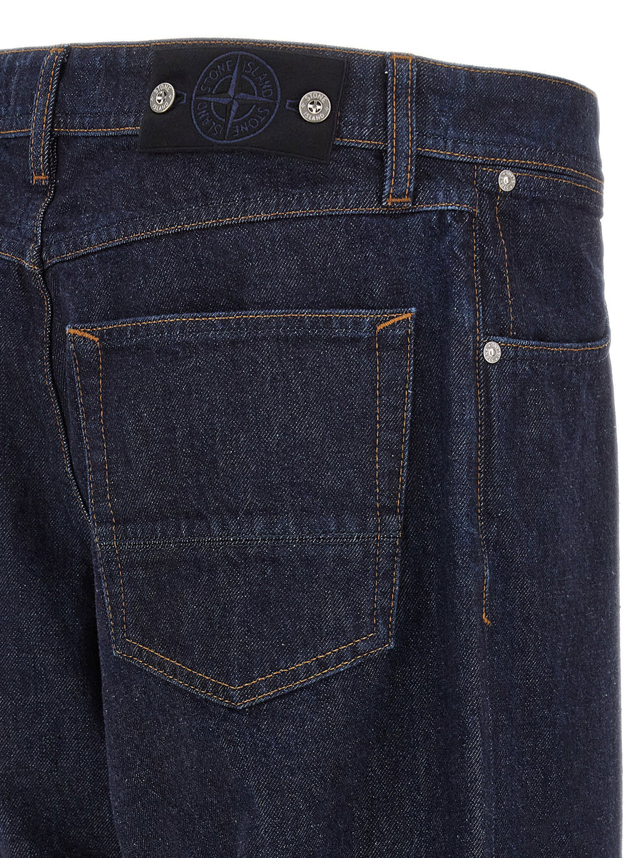 Stone Island Indigo Denim Rinsed Jeans In Organic Cotton Five Pocket Straight