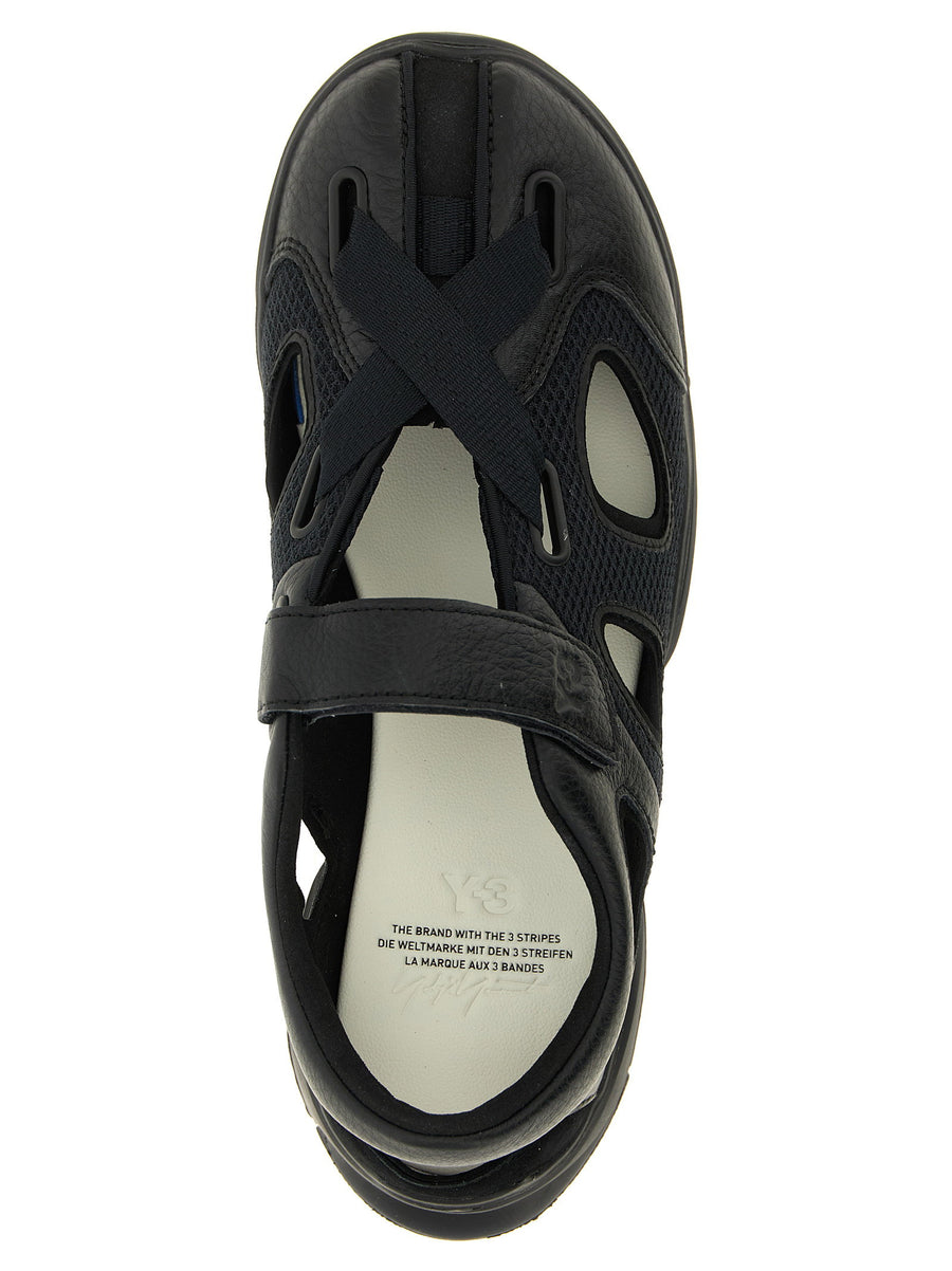 Y-3 Gsg9 Black Leather Sandals With Cutout Mesh Adjustable Velcro Strap