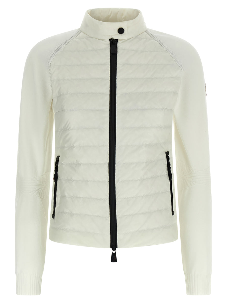 Moncler Grenoble Padded Cardigan For Women Lightweight Goose Feather Quilted Front Stretch Crepe Knit Luxury