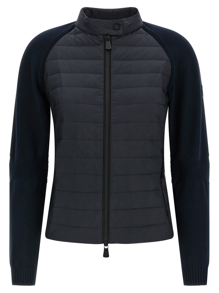 Moncler Grenoble Padded Cardigan Women Luxury GooseFeather Quilted Topwear With Standing Collar Zip Blue