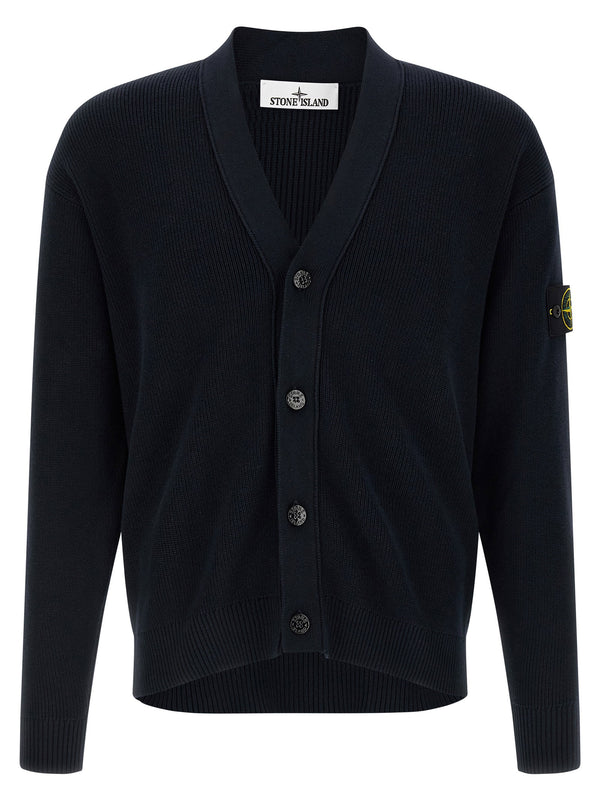 Stone Island Cardigan For Men Blue Organic Cotton Rib Knit Layering Essential With Subtle Brand Badge