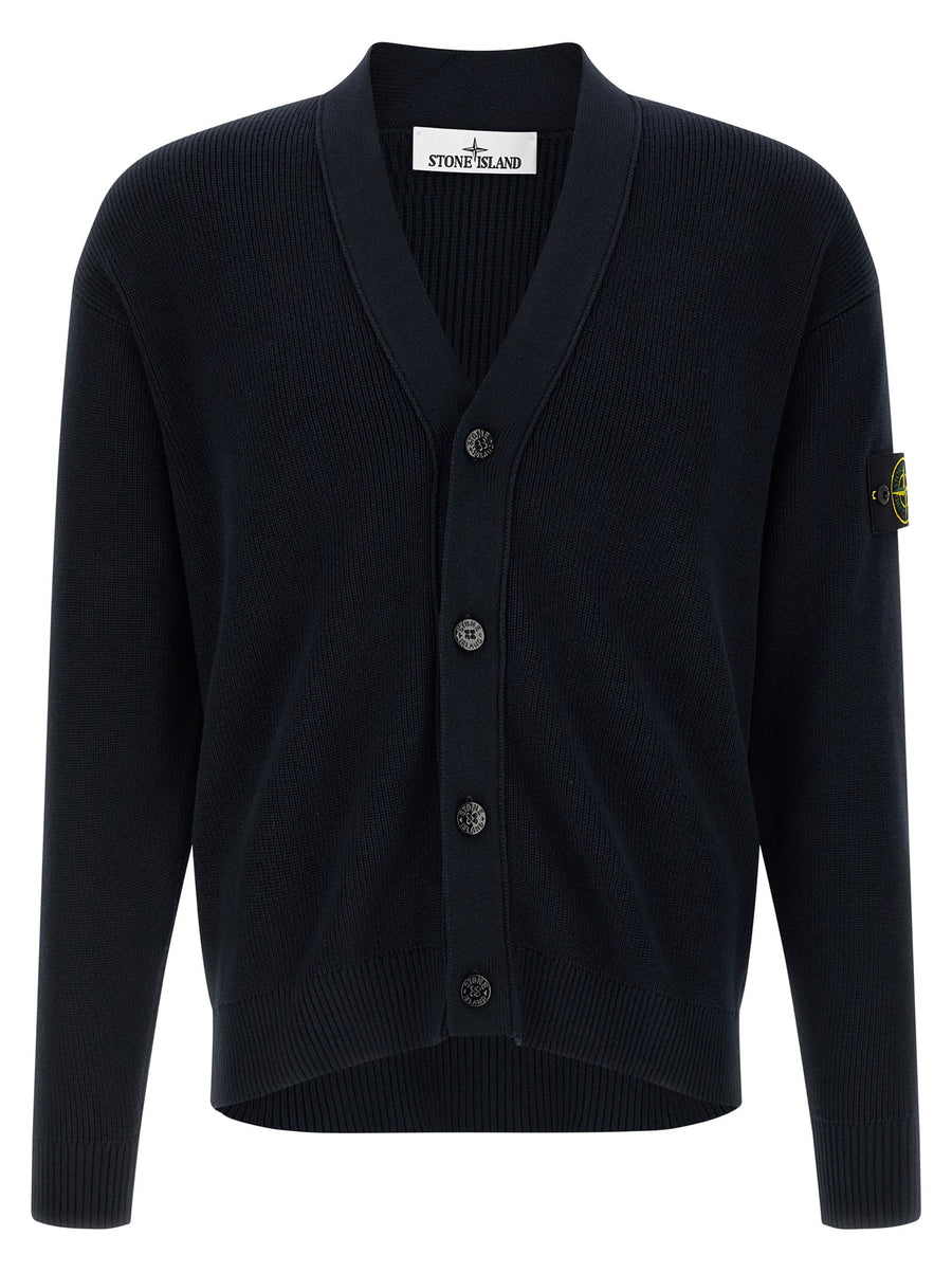 Stone Island Cardigan For Men Blue Organic Cotton Rib Knit Layering Essential With Subtle Brand Badge
