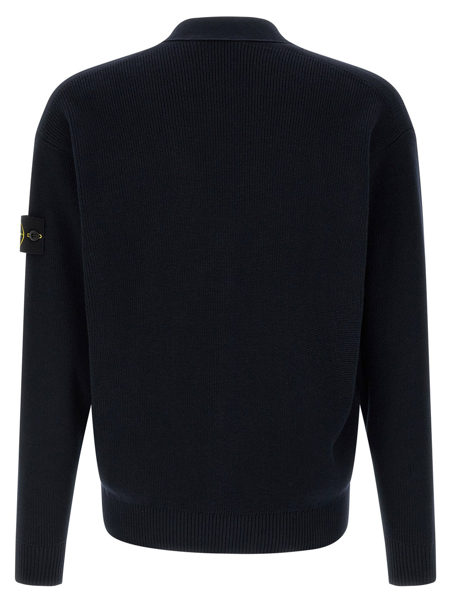 Stone Island Cardigan For Men Blue Organic Cotton Rib Knit Layering Essential With Subtle Brand Badge